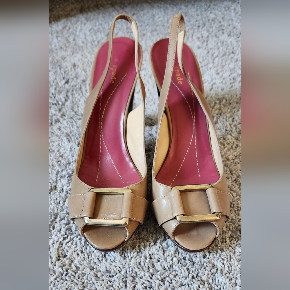 Kate Spade $268 Grace High Heel Leather Slingback Sandals Size 8.5 Beige/Tan